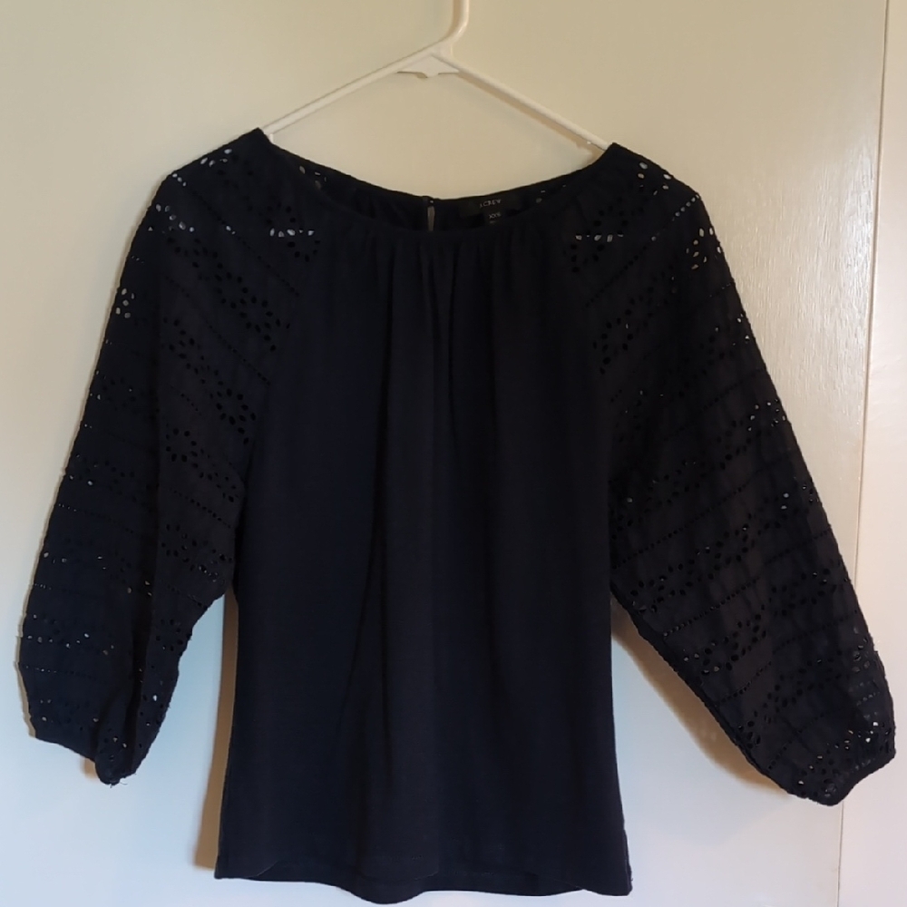 J. CREW Dark Navy Lace 3/4 Sleeve Top